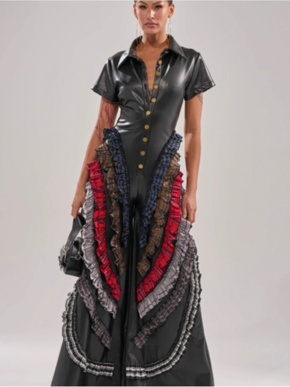 AKIRA Black Faux-Leather Maxi Dress with Multicolor Ruffle Panels